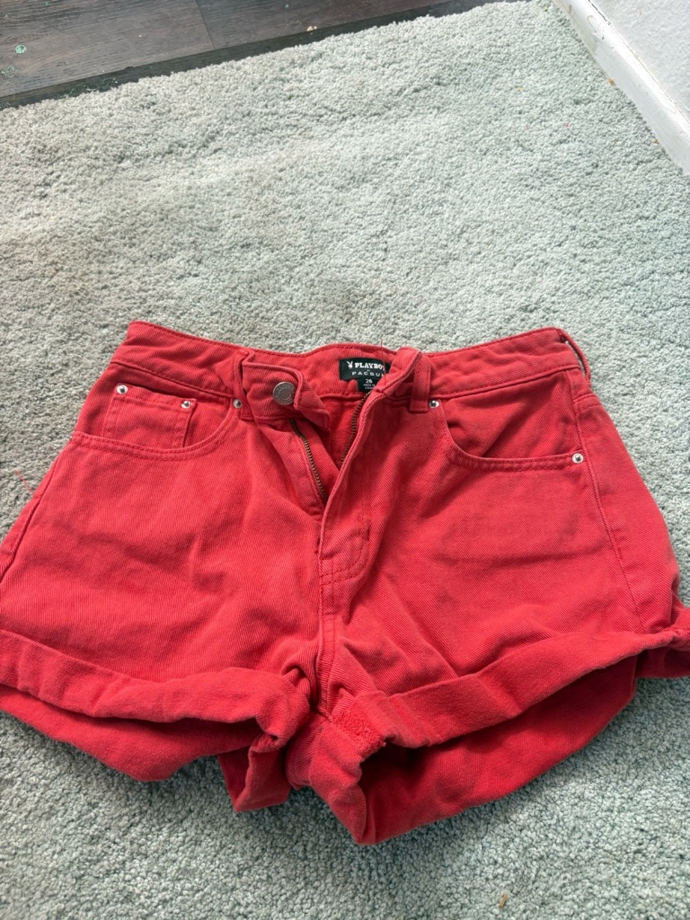 PacSun Red High-Rise Denim Shorts with White Graphic - Picture 3 of 3